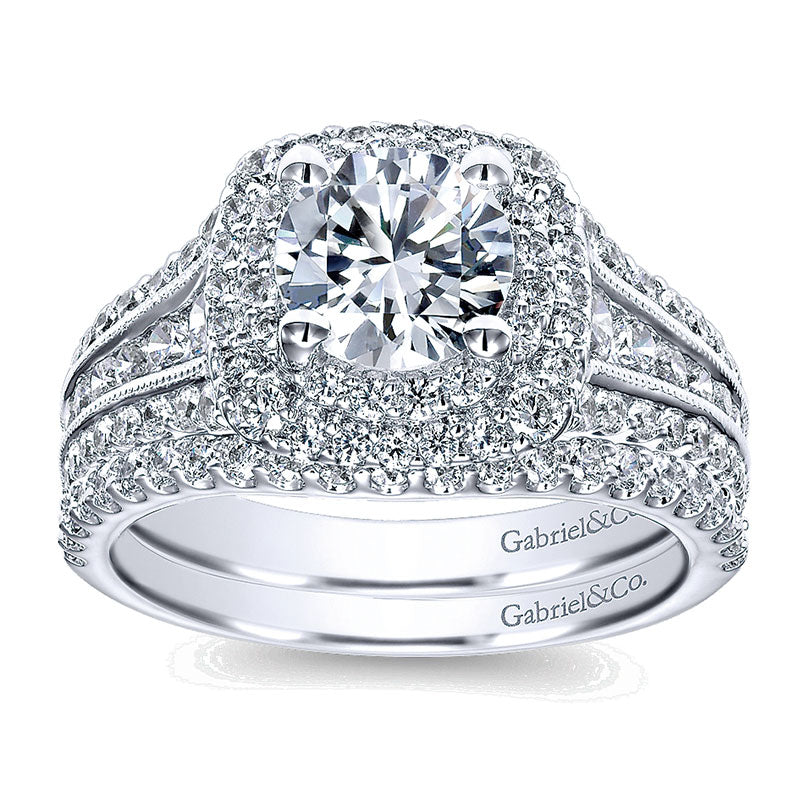 14K White Gold Diamond Milgrain ANd Channel Setting Double Halo 14K White Gold Engagement Ring ER117