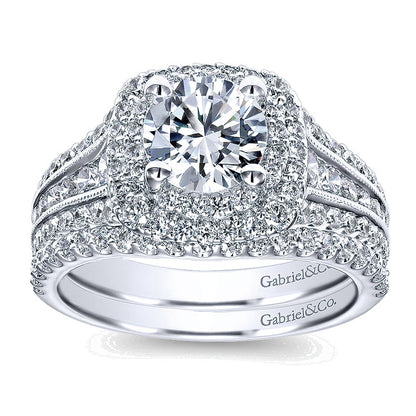 14K White Gold Diamond Milgrain ANd Channel Setting Double Halo 14K White Gold Engagement Ring ER117