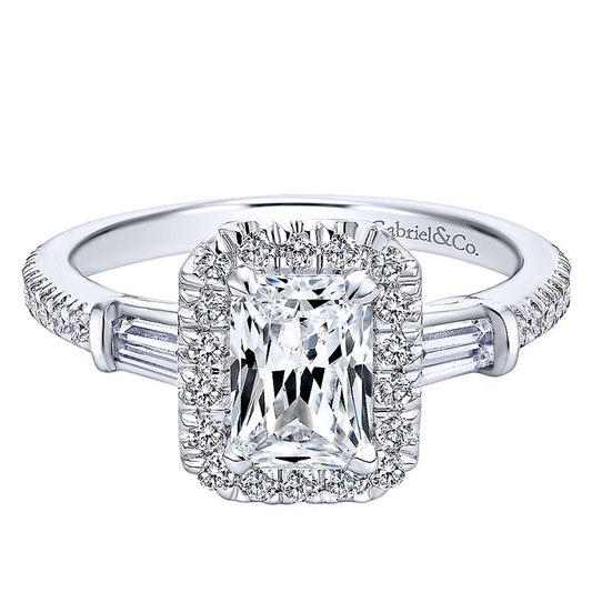 14K White Gold Diamond Pave Emerald Cut Halo With Bar Baguette Setting 14K White Gold Engagement Rin