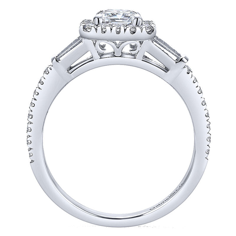 14K White Gold Diamond Pave Emerald Cut Halo With Bar Baguette Setting 14K White Gold Engagement Rin