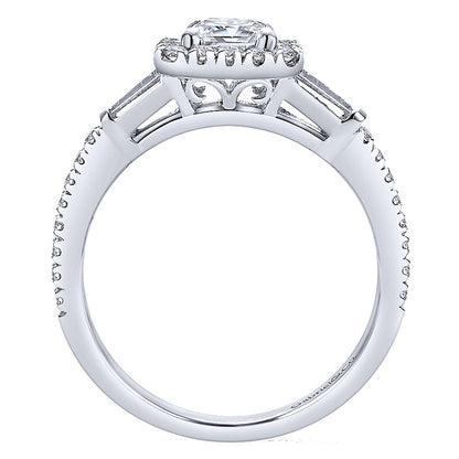 14K White Gold Diamond Pave Emerald Cut Halo With Bar Baguette Setting 14K White Gold Engagement Rin