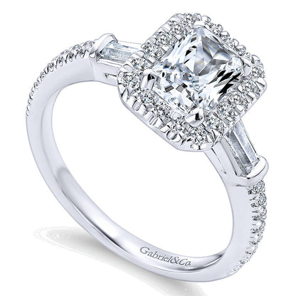 14K White Gold Diamond Pave Emerald Cut Halo With Bar Baguette Setting 14K White Gold Engagement Rin