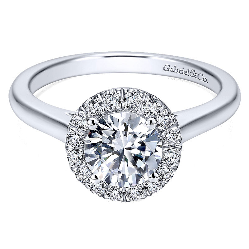 14K White Gold Diamond Pave Halo Rounded Shank 14K White Gold Engagement Ring ER7265W44Jj