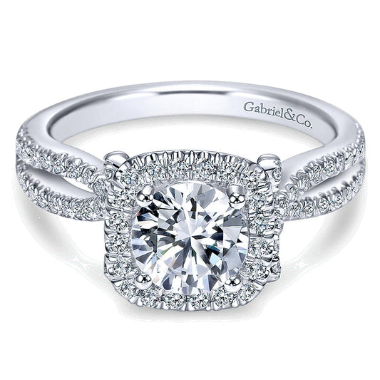14K White Gold Diamond Pave Halo Split Shank 14K White Gold Engagement Ring ER7806W44Jj