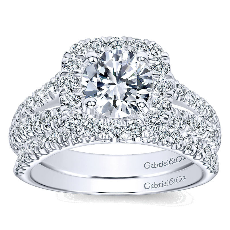 14K White Gold Diamond Pave Split Shank Halo 14K White Gold Engagement Ring ER10252W44Jj
