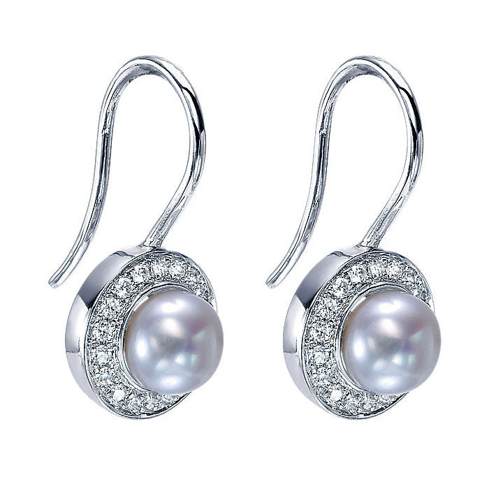 14k White Gold Diamond Pearl Drop Earrings