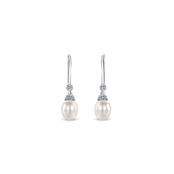 14k White Gold Diamond Pearl Drop Earrings