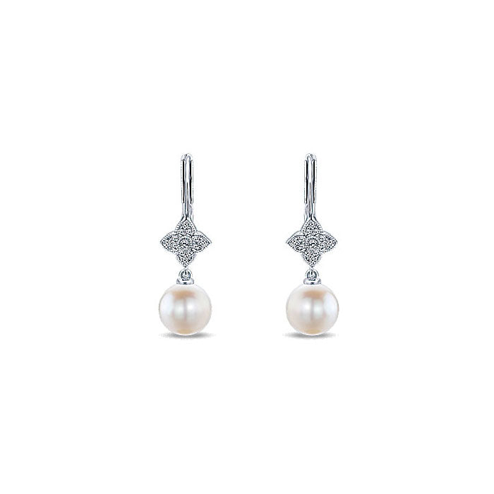 14k White Gold Diamond Pearl Drop Earrings