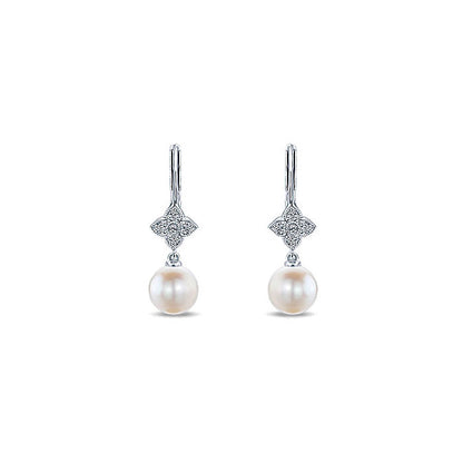 14k White Gold Diamond Pearl Drop Earrings