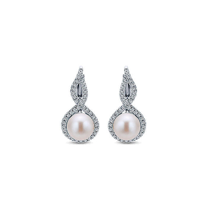 14k White Gold Diamond Pearl Drop Earrings