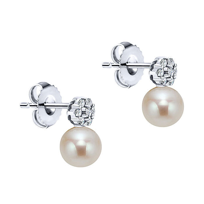 14k White Gold Diamond Pearl Drop Earrings