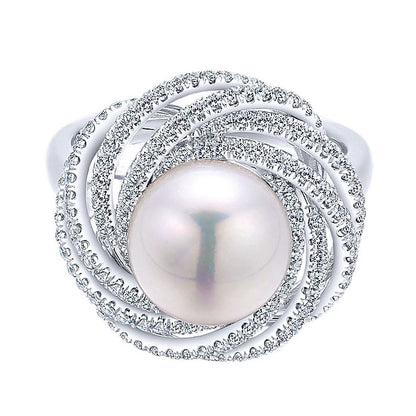 14k White Gold Diamond Pearl Fashion Ladies' Ring