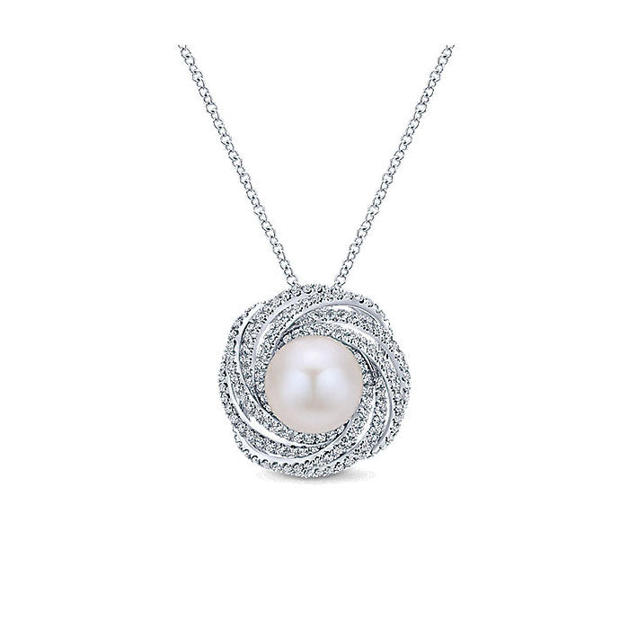 14k White Gold Diamond Pearl Fashion Necklace