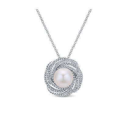 14k White Gold Diamond Pearl Fashion Necklace