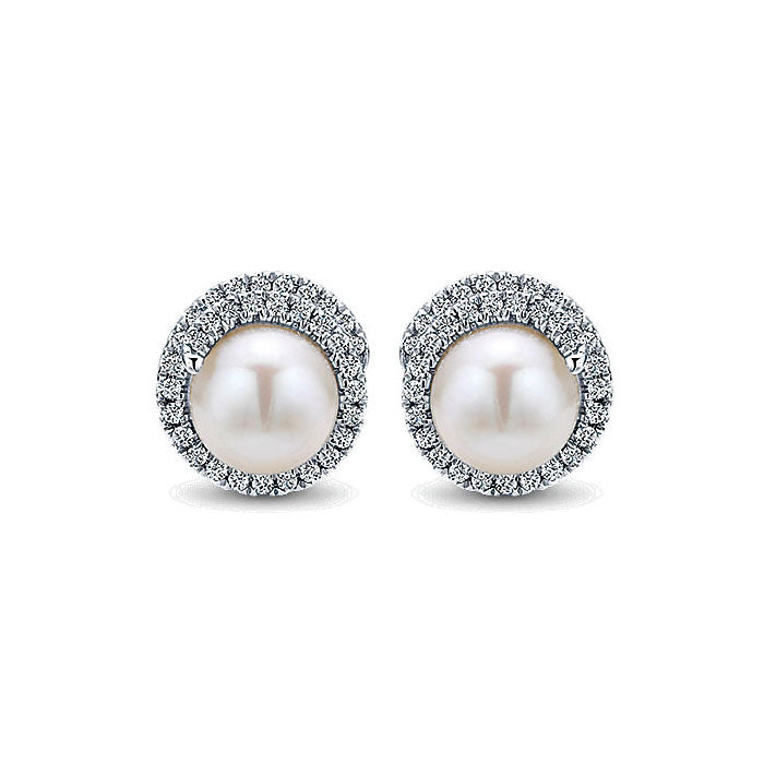 14k White Gold Diamond Pearl Stud Earrings