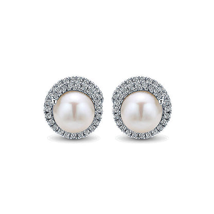 14k White Gold Diamond Pearl Stud Earrings