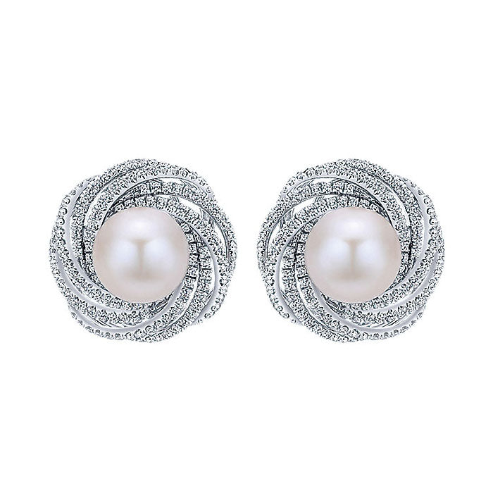 14k White Gold Diamond Pearl Stud Earrings