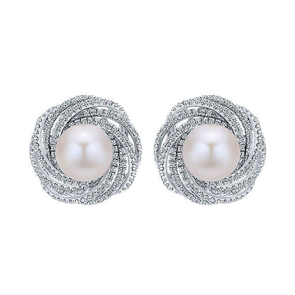 14k White Gold Diamond Pearl Stud Earrings
