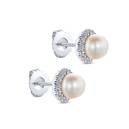 14k White Gold Diamond Pearl Stud Earrings