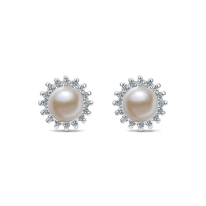 14k White Gold Diamond Pearl Stud Earrings