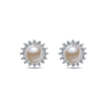 14k White Gold Diamond Pearl Stud Earrings
