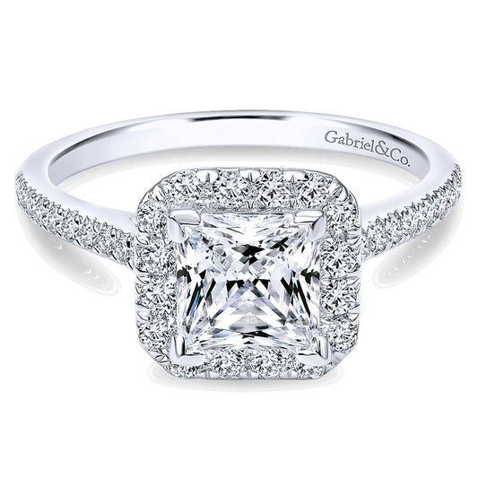 14K White Gold Diamond Princess Cut Halo With French Pave Shank 14K White Gold Engagement Ring ER726