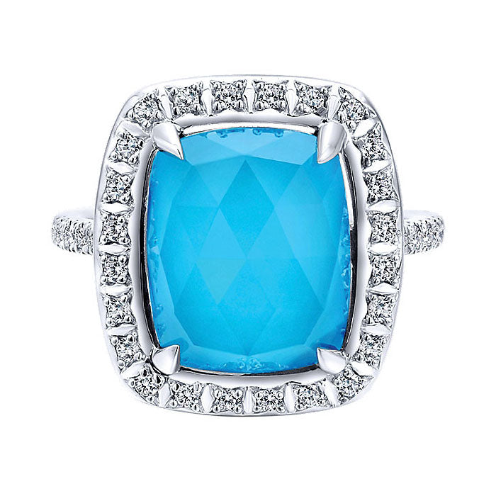 14k White Gold Diamond Rock Crystal&turquoise Fashion Ladies' Ring