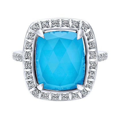 14k White Gold Diamond Rock Crystal&turquoise Fashion Ladies' Ring