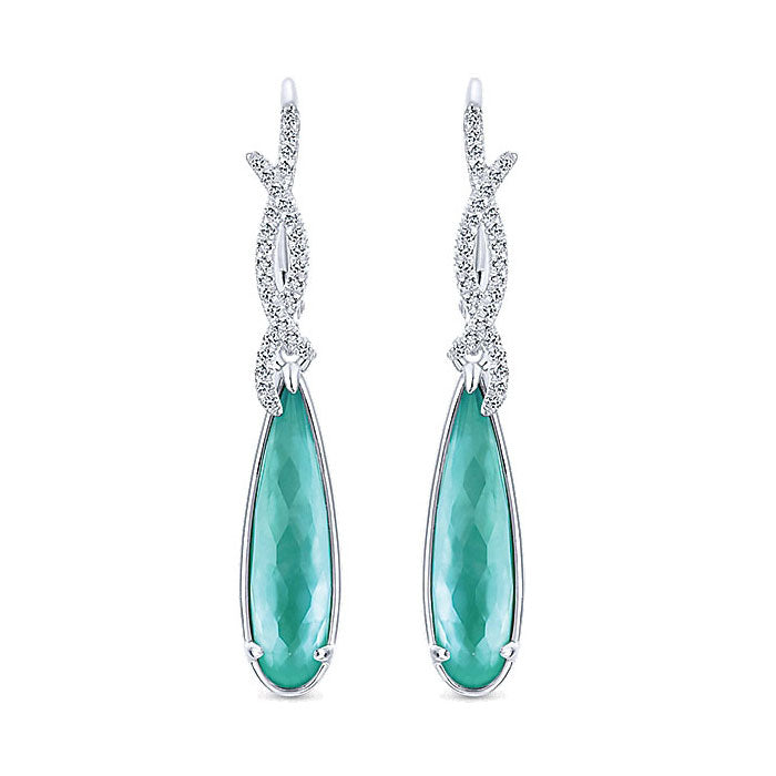 14k White Gold Diamond Rock Crystal&white Mother Pearl&green Onyx Drop Earrings