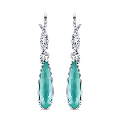 14k White Gold Diamond Rock Crystal&white Mother Pearl&green Onyx Drop Earrings