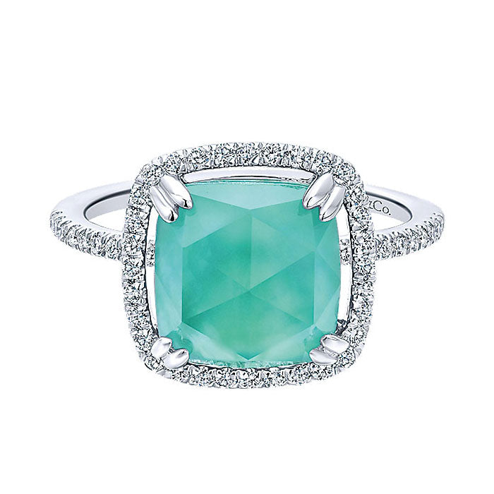 14k White Gold Diamond Rock Crystal&white Mother Pearl&green Onyx Fashion Ladies' Ring