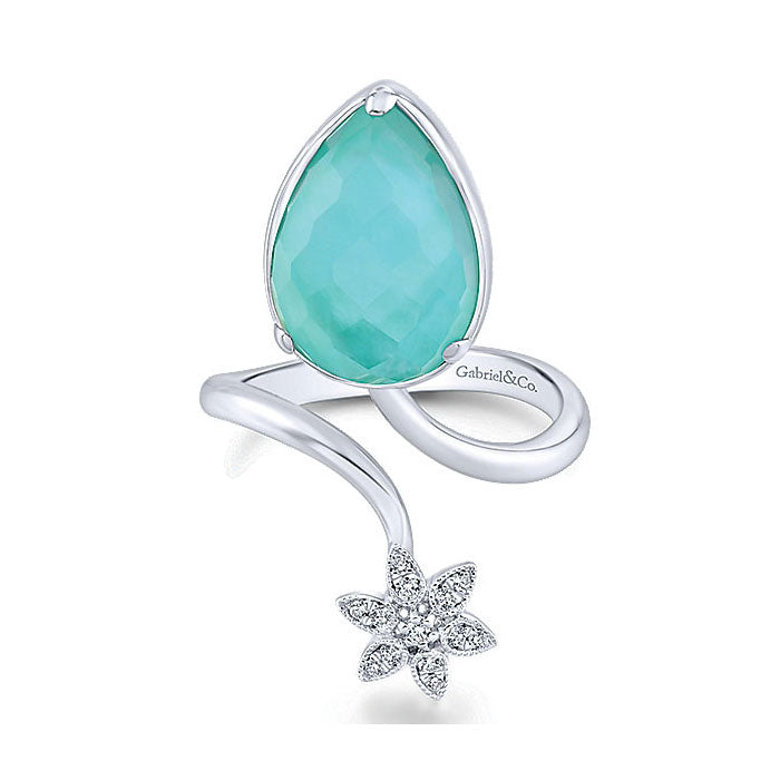14k White Gold Diamond Rock Crystal&white Mother Pearl&green Onyx Fashion Ladies' Ring