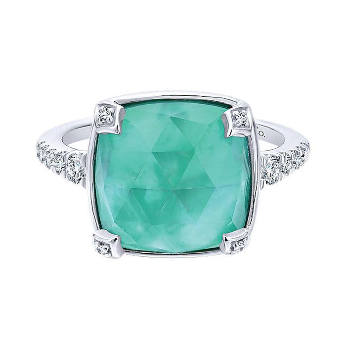 14k White Gold Diamond Rock Crystal&white Mother Pearl&green Onyx Fashion Ladies' Ring
