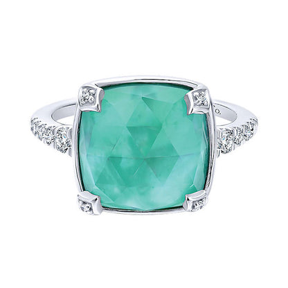 14k White Gold Diamond Rock Crystal&white Mother Pearl&green Onyx Fashion Ladies' Ring