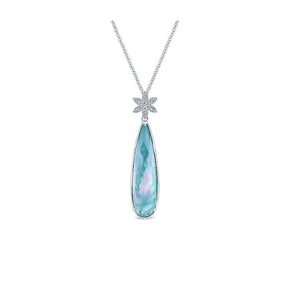 14k White Gold Diamond Rock Crystal&white Mother Pearl&green Onyx Fashion Necklace