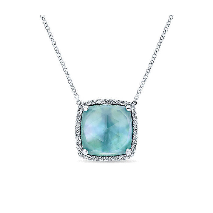 14k White Gold Diamond Rock Crystal&white Mother Pearl&green Onyx Fashion Necklace