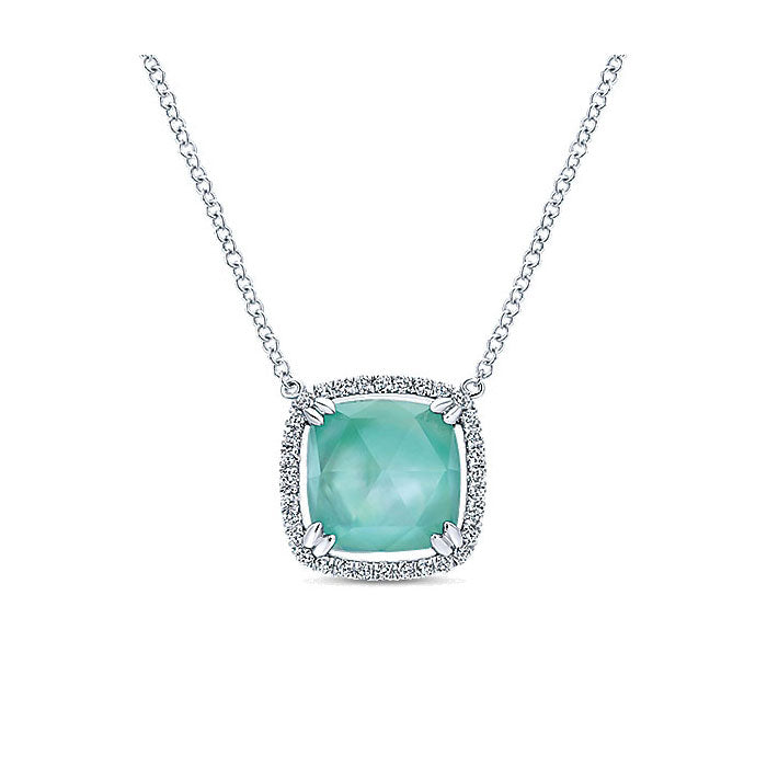 14k White Gold Diamond Rock Crystal&white Mother Pearl&green Onyx Fashion Necklace