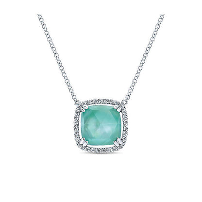 14k White Gold Diamond Rock Crystal&white Mother Pearl&green Onyx Fashion Necklace