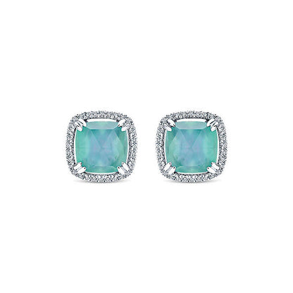 14k White Gold Diamond Rock Crystal&white Mother Pearl&green Onyx Stud Earrings