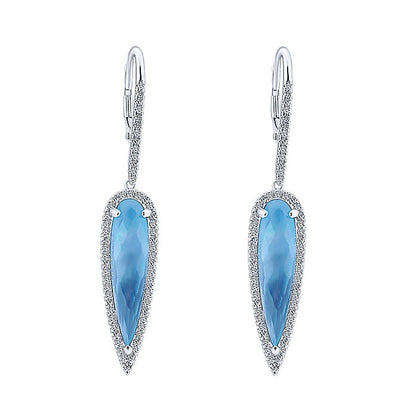 14k White Gold Diamond Rock Crystal&white Mother Pearl&turquoise Drop Earrings