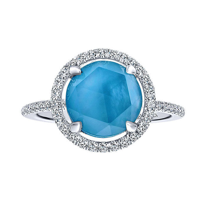 14k White Gold Diamond Rock Crystal&white Mother Pearl&turquoise Fashion Ladies' Ring