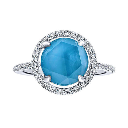 14k White Gold Diamond Rock Crystal&white Mother Pearl&turquoise Fashion Ladies' Ring