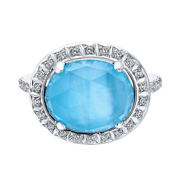 14k White Gold Diamond Rock Crystal&white Mother Pearl&turquoise Fashion Ladies' Ring