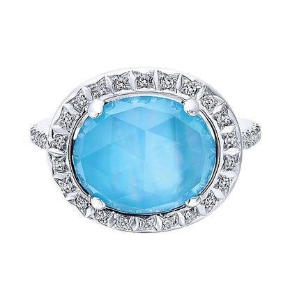 14k White Gold Diamond Rock Crystal&white Mother Pearl&turquoise Fashion Ladies' Ring