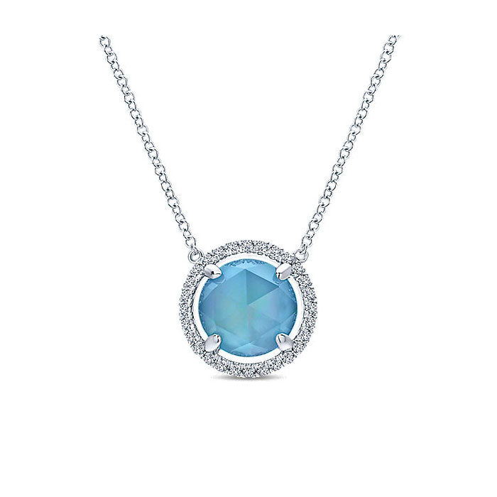 14k White Gold Diamond Rock Crystal&white Mother Pearl&turquoise Fashion Necklace