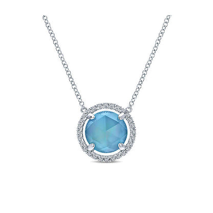 14k White Gold Diamond Rock Crystal&white Mother Pearl&turquoise Fashion Necklace
