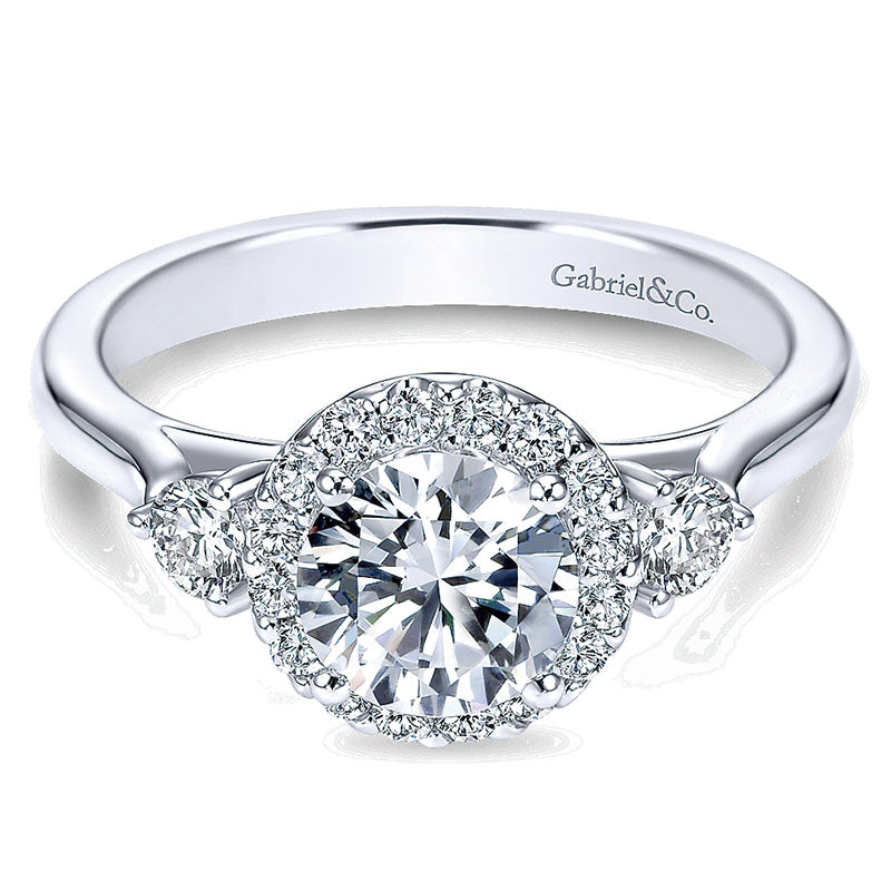 14K White Gold Diamond Round Pave Halo ANd Side Stone Setting 14K White Gold Engagement Ring ER7482W