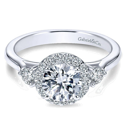 14K White Gold Diamond Round Pave Halo ANd Side Stone Setting 14K White Gold Engagement Ring ER7482W