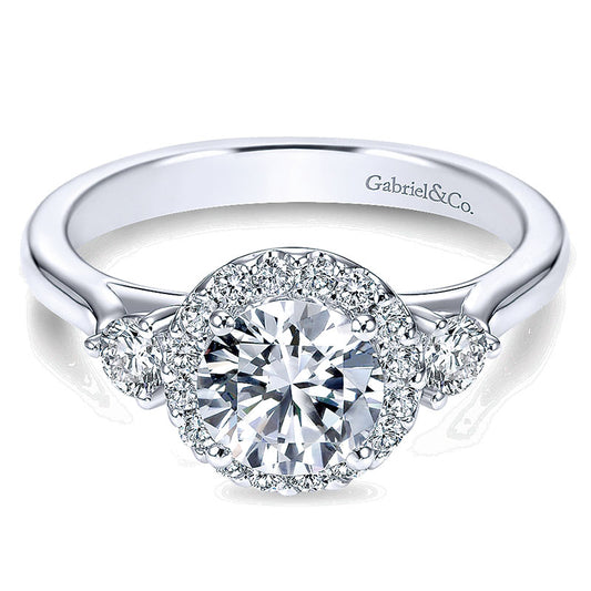 14K White Gold Diamond Round Pave Halo ANd Side Stone Setting 14K White Gold Engagement Ring ER7482W