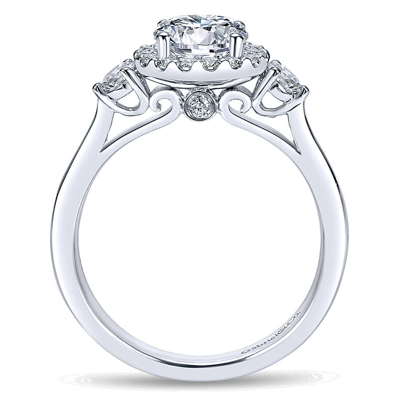 14K White Gold Diamond Round Pave Halo ANd Side Stone Setting 14K White Gold Engagement Ring ER7482W